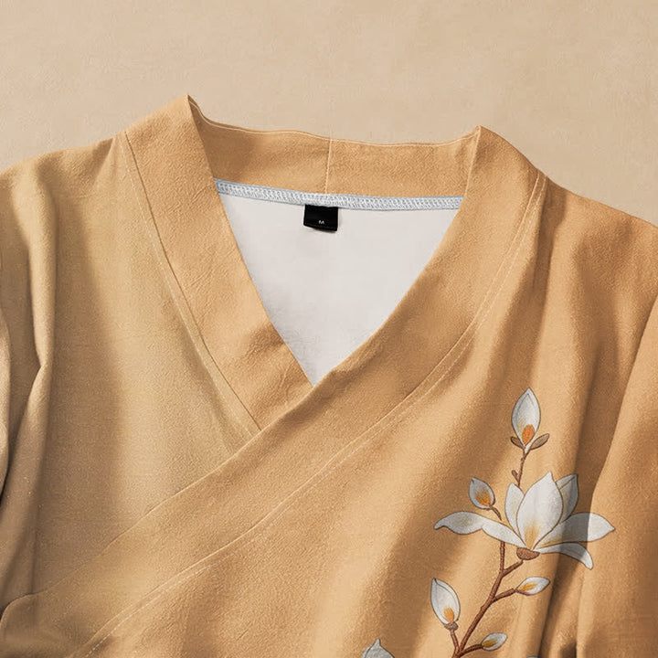 Buddha Stones Camisa kimono de manga larga para mujer, estilo hanfu, con cuello en V y cordones, de algodón, con estampado de ramas de magnolia en flor. - image 2