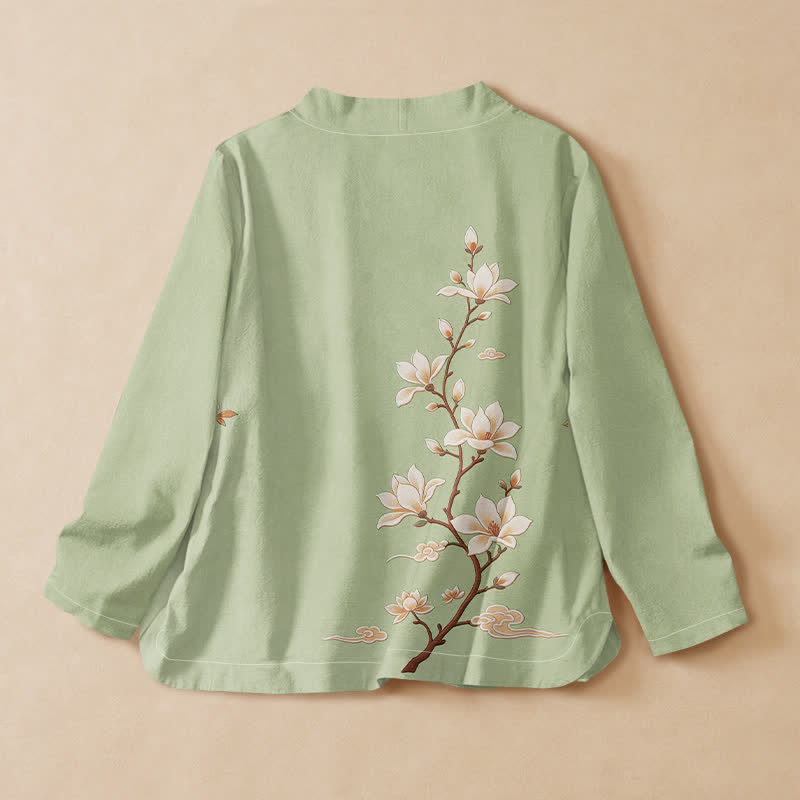 Buddha Stones Camisa kimono de manga larga para mujer, estilo hanfu, con cuello en V y cordones, de algodón, con estampado de ramas de magnolia en flor. - image 6