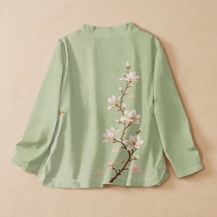 Buddha Stones Camisa kimono de manga larga para mujer, estilo hanfu, con cuello en V y cordones, de algodón, con estampado de ramas de magnolia en flor. - image 6