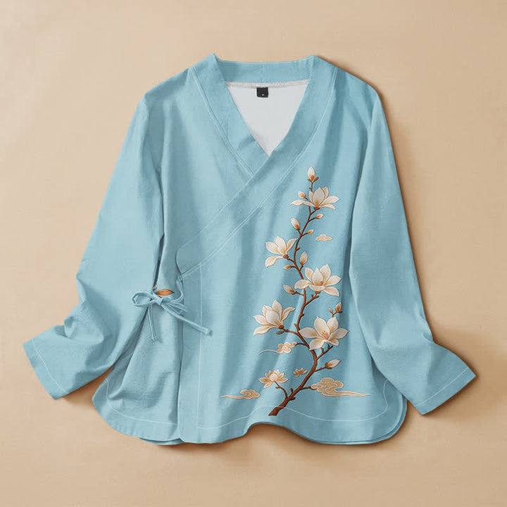 Buddha Stones Camisa kimono de manga larga para mujer, estilo hanfu, con cuello en V y cordones, de algodón, con estampado de ramas de magnolia en flor. - Cian - US16，UK/AU20，EU48 (3XL) - image 7