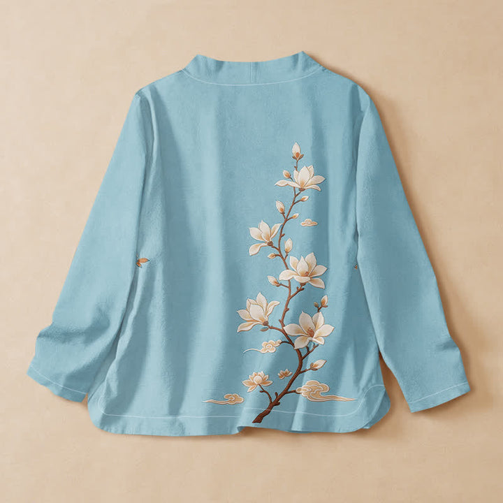 Buddha Stones Camisa kimono de manga larga para mujer, estilo hanfu, con cuello en V y cordones, de algodón, con estampado de ramas de magnolia en flor. - image 8