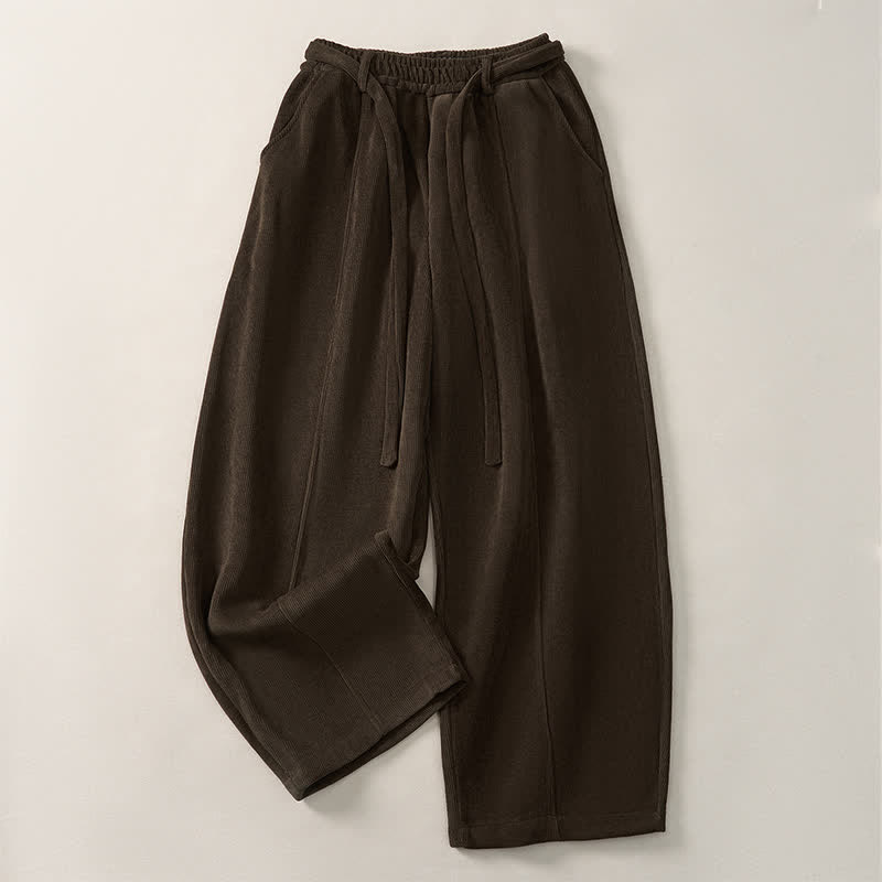 Buddha Stones Pantalones tobilleros minimalistas informales de otoño/invierno con cordón ajustable, color liso, estilo harem para mujer con bolsillos. - Marrón silla de montar - Versión con forro polar - US8-10，UK/AU12-14，EU40-42 (2XL) - image 0