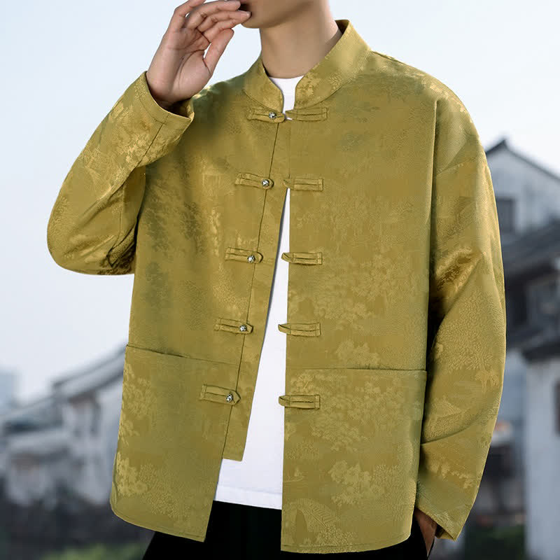 Buddha Stones Camisas de manga larga para hombre con bolsillos, estilo casual Tang, cuello mandarín, botones de rana y estampado de paisaje, ideales para primavera y otoño. - Caqui oscuro - US/UK/AU48, EU58 (5XL) - image 0