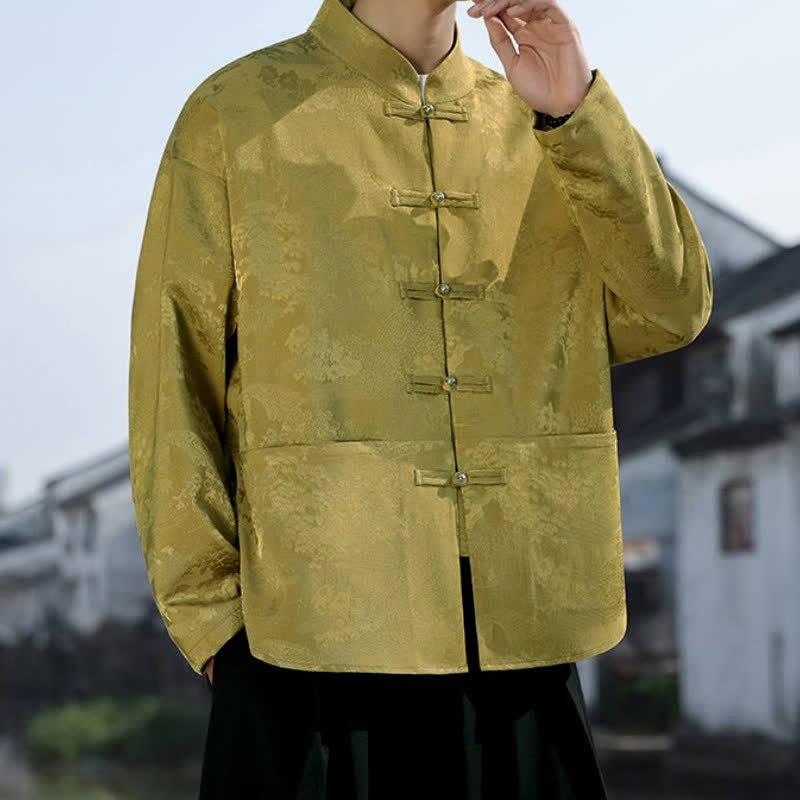 Buddha Stones Camisas de manga larga para hombre con bolsillos, estilo casual Tang, cuello mandarín, botones de rana y estampado de paisaje, ideales para primavera y otoño. - image 1