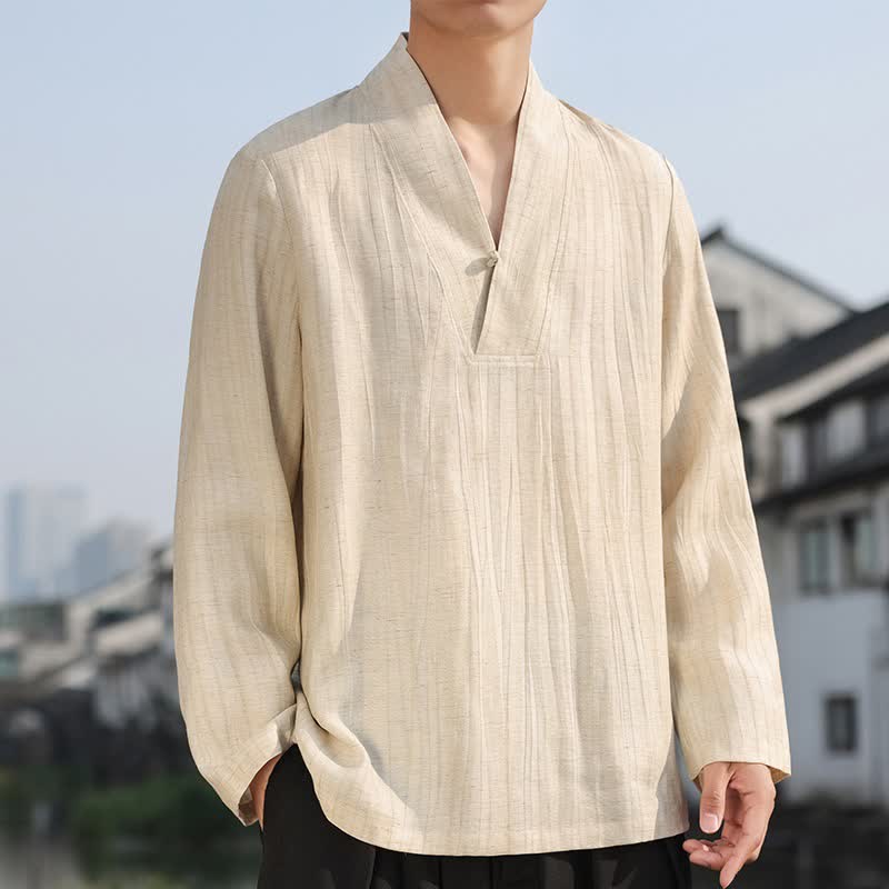 Buddha Stones Camisas de manga larga para hombre de estilo casual Tang con cuello en V, color liso, ideales para primavera y otoño. - Trigo - US/UK/AU46, EU56 (5XL) - image 0