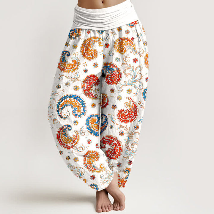 Buddha Stones Pantalones harem de mujer con cintura elástica, estampado exótico de cachemir y algodón. - Blanco - US16，UK/AU20，EU48 (3XL) - image 5