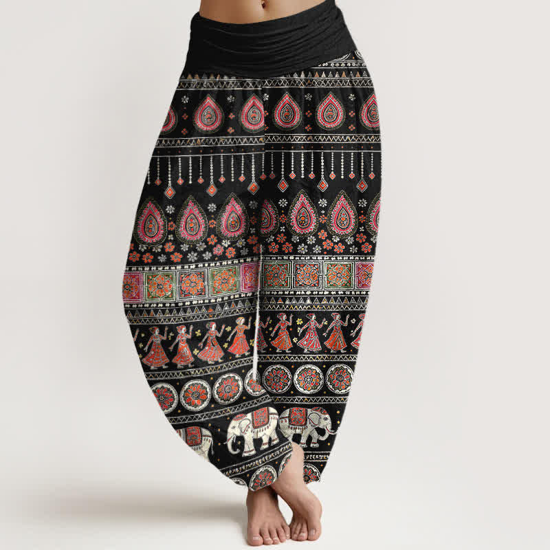 Buddha Stones Pantalones harem de algodón con estampado geométrico exótico de elefantes para mujer, cintura elástica. - Negro - US16，UK/AU20，EU48 (3XL) - image 0