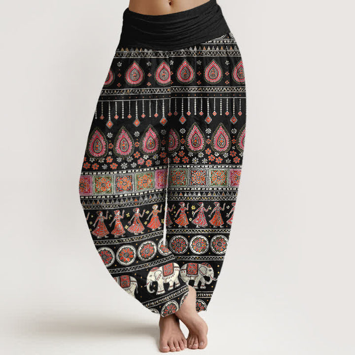 Buddha Stones Pantalones harem de algodón con estampado geométrico exótico de elefantes para mujer, cintura elástica. - Negro - US16，UK/AU20，EU48 (3XL) - image 0