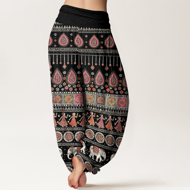 Buddha Stones Pantalones harem de algodón con estampado geométrico exótico de elefantes para mujer, cintura elástica. - image 1
