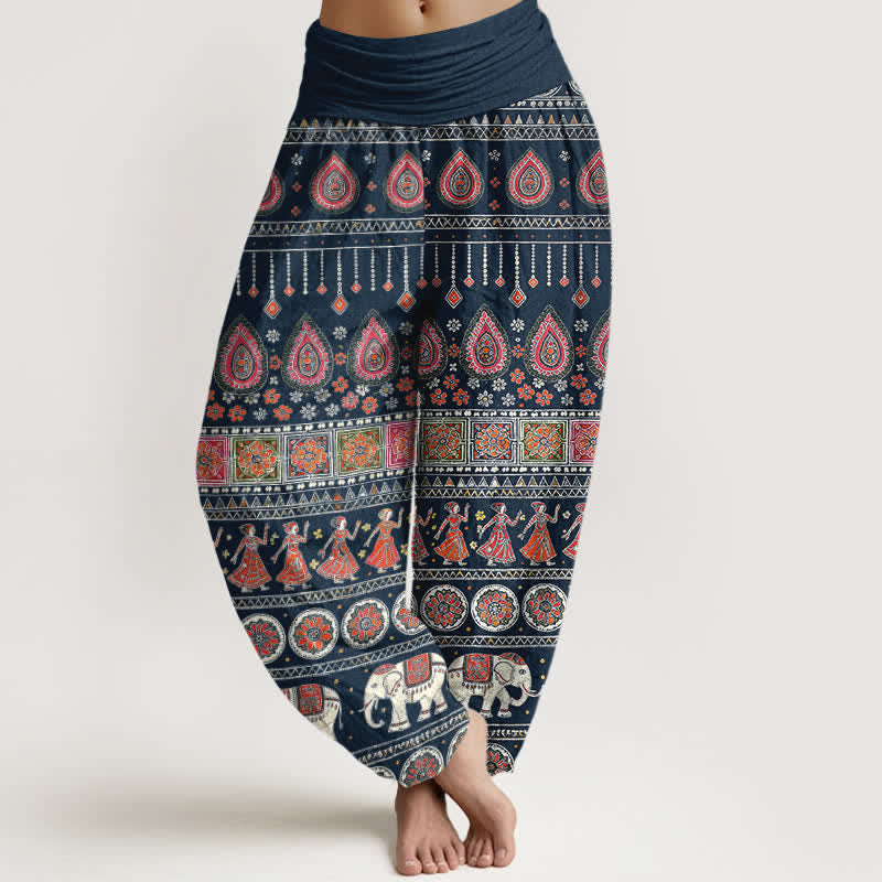 Buddha Stones Pantalones harem de algodón con estampado geométrico exótico de elefantes para mujer, cintura elástica. - Azul medianoche - US16，UK/AU20，EU48 (3XL) - image 5
