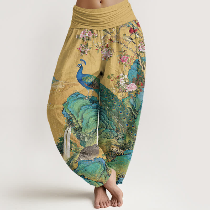 Buddha Stones Pantalones harem de algodón con estampado de flores y pavos reales para mujer, con cintura elástica. - vara de oro - US16，UK/AU20，EU48 (3XL) - image 0