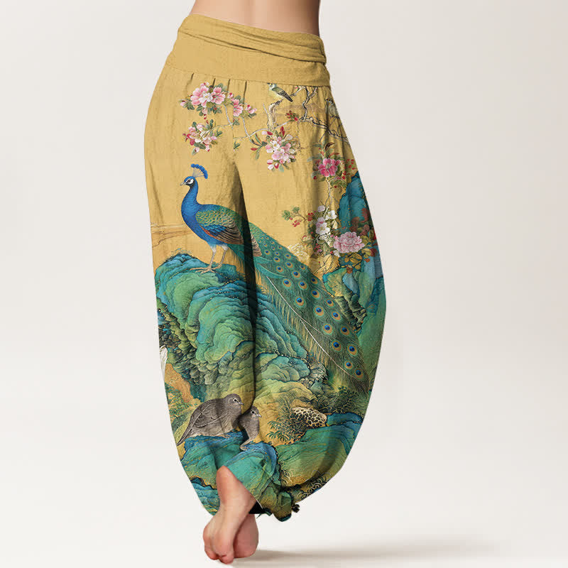 Buddha Stones Pantalones harem de algodón con estampado de flores y pavos reales para mujer, con cintura elástica. - image 1