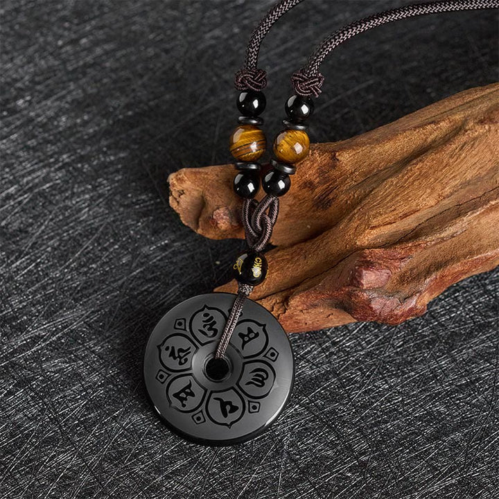 Buddha Stones Collar trenzado grabado con hebilla de paz de obsidiana negra y protección - image 1