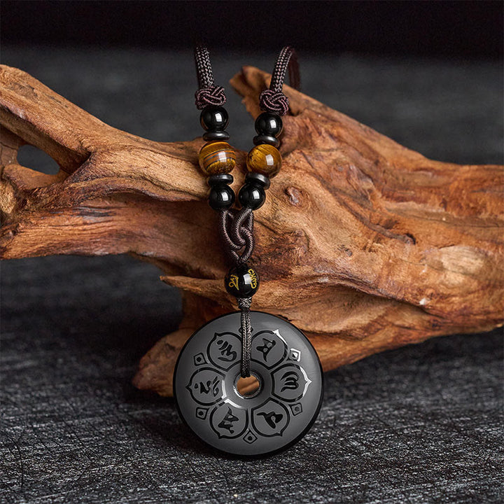 Buddha Stones Collar trenzado grabado con hebilla de paz de obsidiana negra y protección - Om Mani Padme Hum (Amor ♥ Sabiduría) - image 0