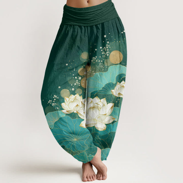 Buddha Stones Pantalones harem de algodón con estampado de hojas de loto orientales y cintura elástica para mujer. - Verde oscuro - US16，UK/AU20，EU48 (3XL) - image 0
