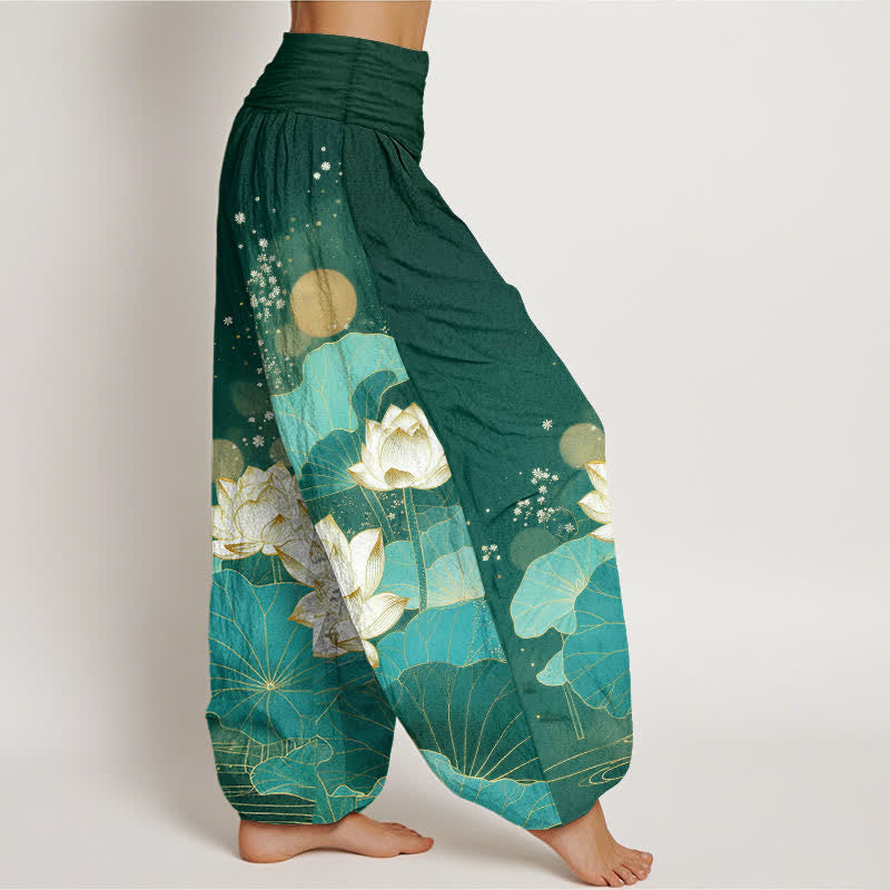 Buddha Stones Pantalones harem de algodón con estampado de hojas de loto orientales y cintura elástica para mujer. - image 2