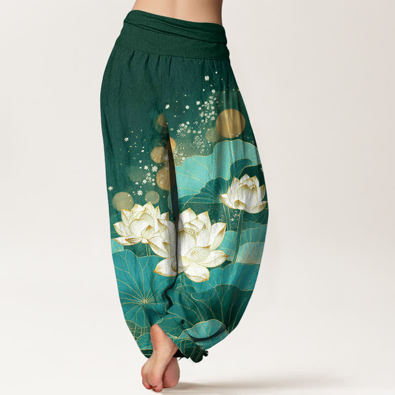 Buddha Stones Pantalones harem de algodón con estampado de hojas de loto orientales y cintura elástica para mujer. - image 1