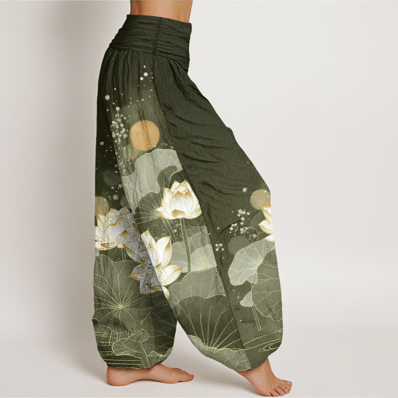 Buddha Stones Pantalones harem de algodón con estampado de hojas de loto orientales y cintura elástica para mujer. - image 7