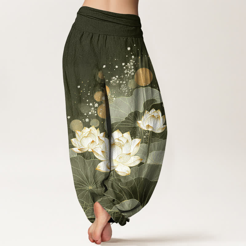 Buddha Stones Pantalones harem de algodón con estampado de hojas de loto orientales y cintura elástica para mujer. - image 6