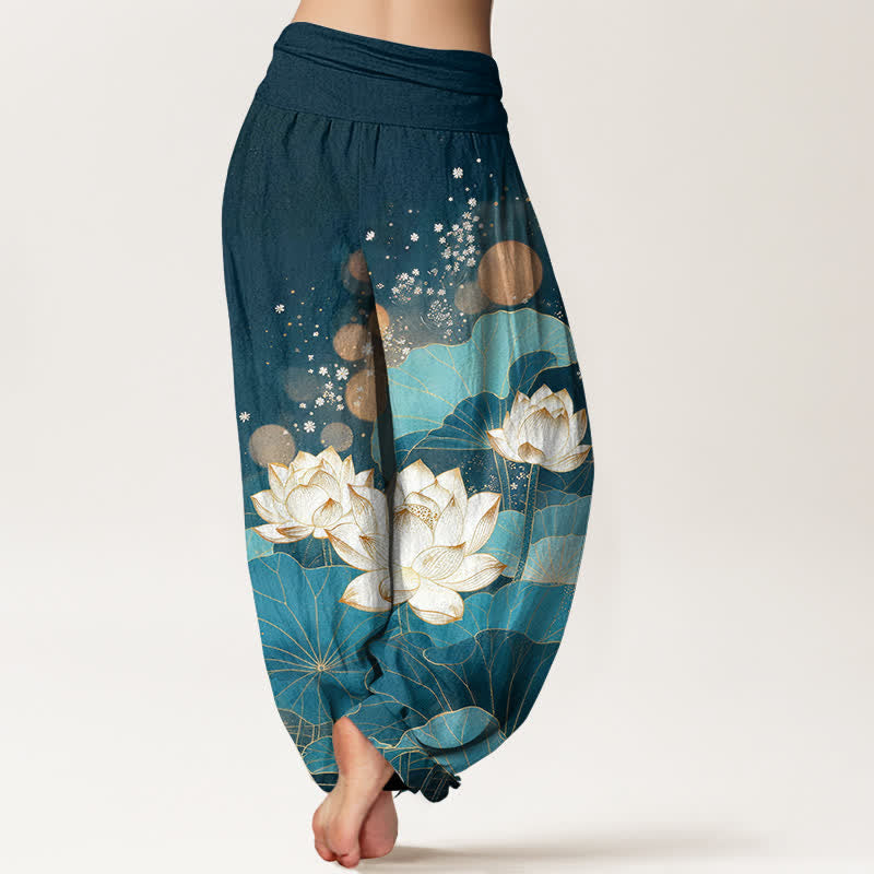 Buddha Stones Pantalones harem de algodón con estampado de hojas de loto orientales y cintura elástica para mujer. - image 9