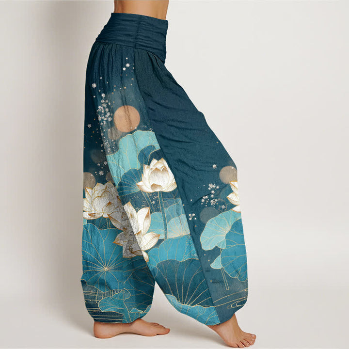Buddha Stones Pantalones harem de algodón con estampado de hojas de loto orientales y cintura elástica para mujer. - image 10