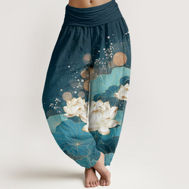Buddha Stones Pantalones harem de algodón con estampado de hojas de loto orientales y cintura elástica para mujer. - Verde azulado - US16，UK/AU20，EU48 (3XL) - image 8