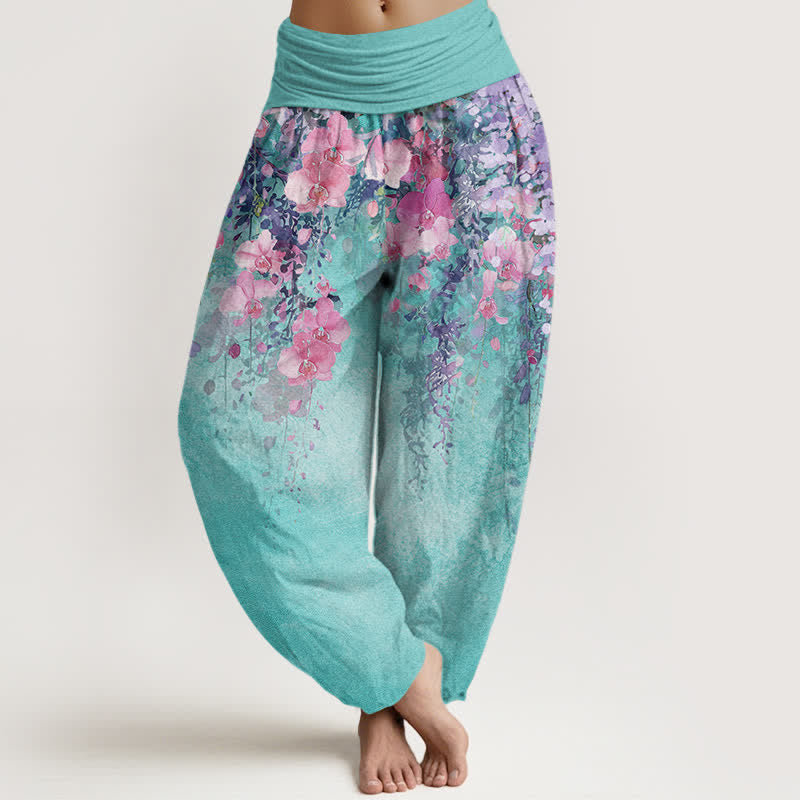 Buddha Stones Pantalones harem de mujer con cintura elástica y estampado floral de jardín artístico de algodón. - Turquesa medio - US16，UK/AU20，EU48 (3XL) - image 0