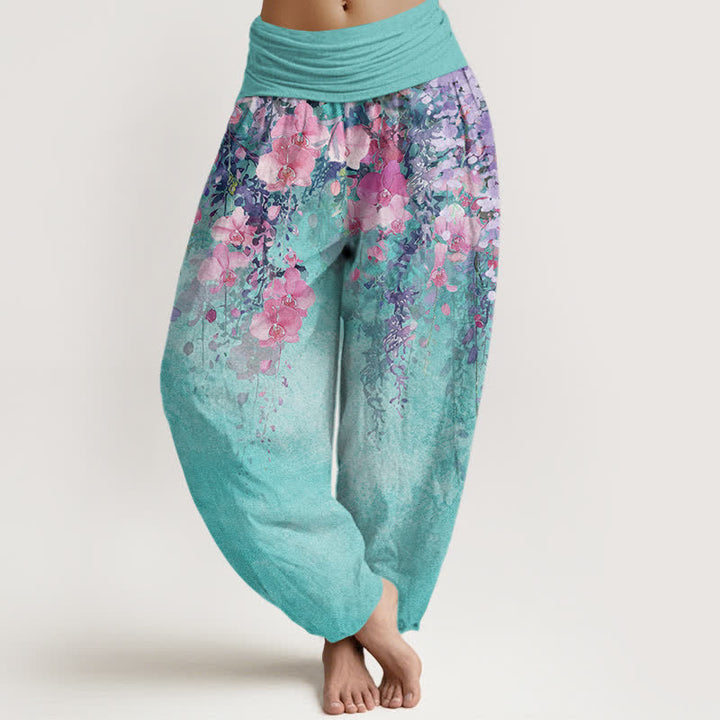 Buddha Stones Pantalones harem de mujer con cintura elástica y estampado floral de jardín artístico de algodón. - Turquesa medio - US16，UK/AU20，EU48 (3XL) - image 0