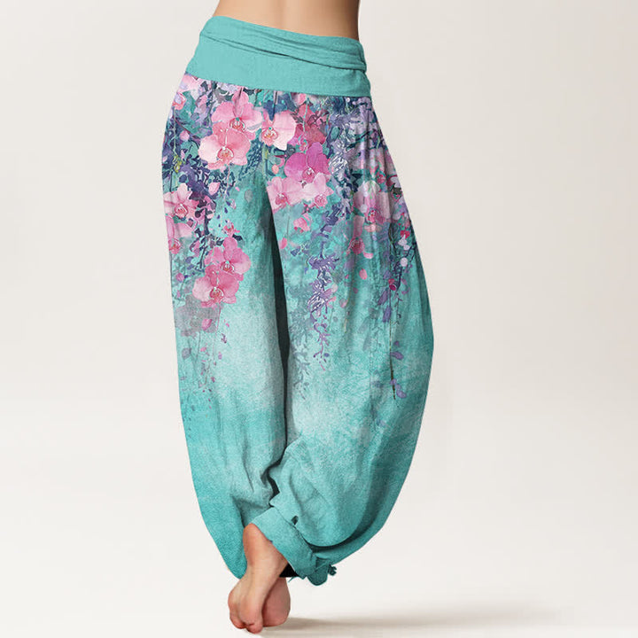Buddha Stones Pantalones harem de mujer con cintura elástica y estampado floral de jardín artístico de algodón. - image 1