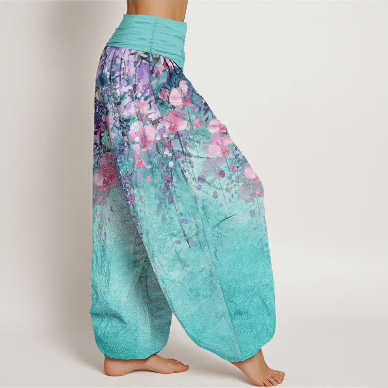 Buddha Stones Pantalones harem de mujer con cintura elástica y estampado floral de jardín artístico de algodón. - image 2