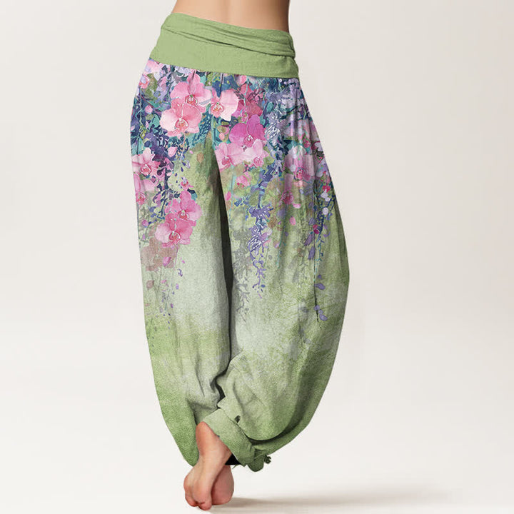 Buddha Stones Pantalones harem de mujer con cintura elástica y estampado floral de jardín artístico de algodón. - image 6