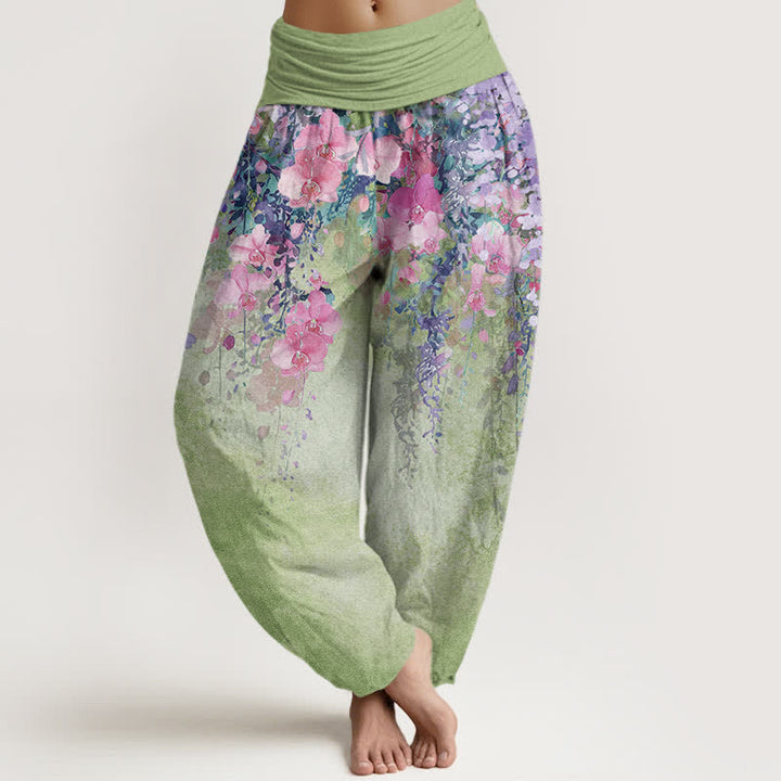 Buddha Stones Pantalones harem de mujer con cintura elástica y estampado floral de jardín artístico de algodón. - Verde amarillento - US16，UK/AU20，EU48 (3XL) - image 5