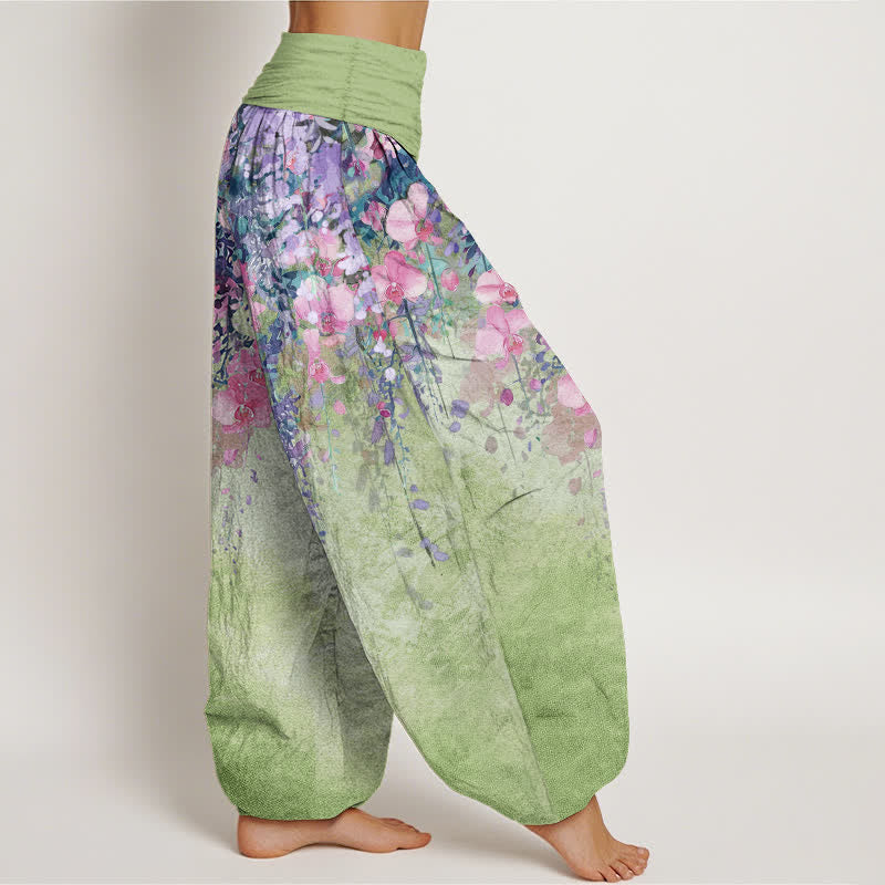 Buddha Stones Pantalones harem de mujer con cintura elástica y estampado floral de jardín artístico de algodón. - image 7