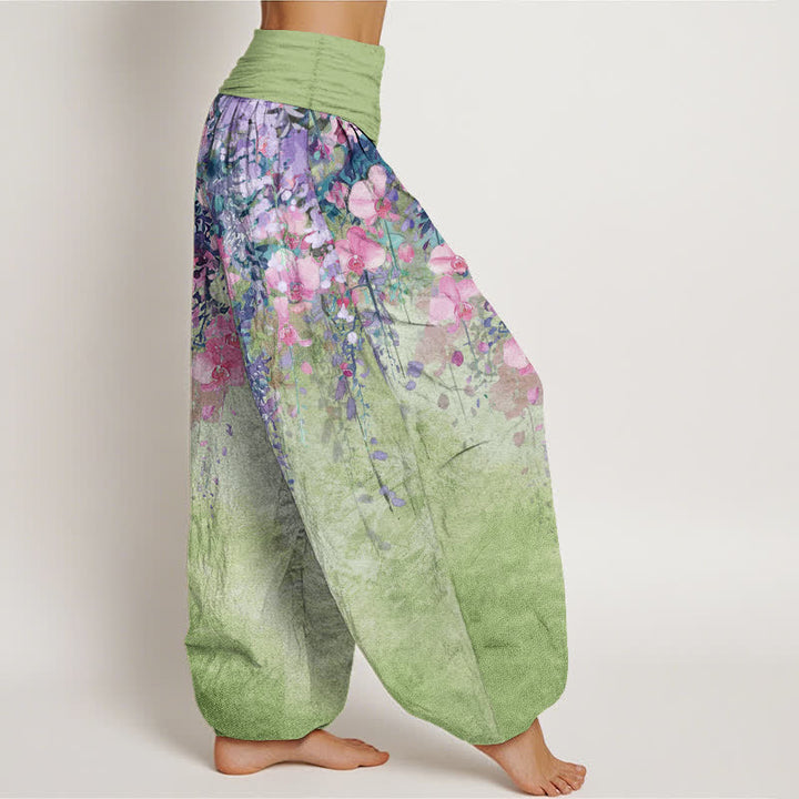 Buddha Stones Pantalones harem de mujer con cintura elástica y estampado floral de jardín artístico de algodón. - image 7