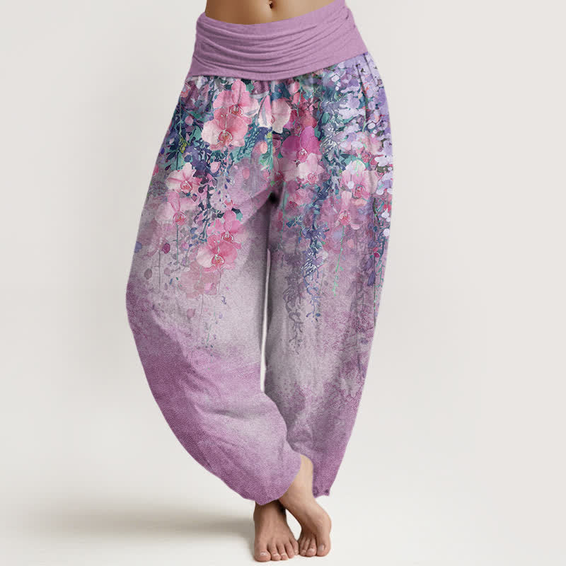 Buddha Stones Pantalones harem de mujer con cintura elástica y estampado floral de jardín artístico de algodón. - Cardo - US16，UK/AU20，EU48 (3XL) - image 8