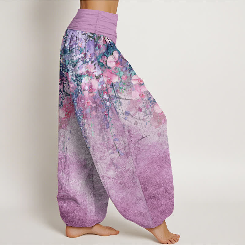 Buddha Stones Pantalones harem de mujer con cintura elástica y estampado floral de jardín artístico de algodón. - image 10
