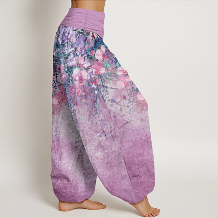 Buddha Stones Pantalones harem de mujer con cintura elástica y estampado floral de jardín artístico de algodón. - image 10
