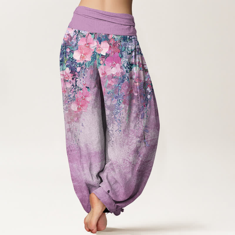 Buddha Stones Pantalones harem de mujer con cintura elástica y estampado floral de jardín artístico de algodón. - image 9