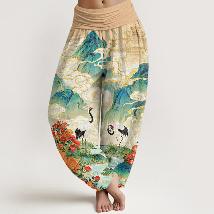 Buddha Stones Pantalones harem de mujer con cintura elástica y estampado floral de grulla de algodón. - Trigo - US16，UK/AU20，EU48 (3XL) - image 0