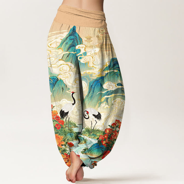 Buddha Stones Pantalones harem de mujer con cintura elástica y estampado floral de grulla de algodón. - image 1