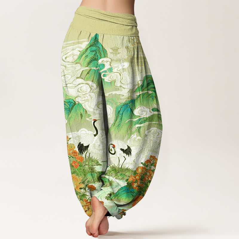 Buddha Stones Pantalones harem de mujer con cintura elástica y estampado floral de grulla de algodón. - image 6
