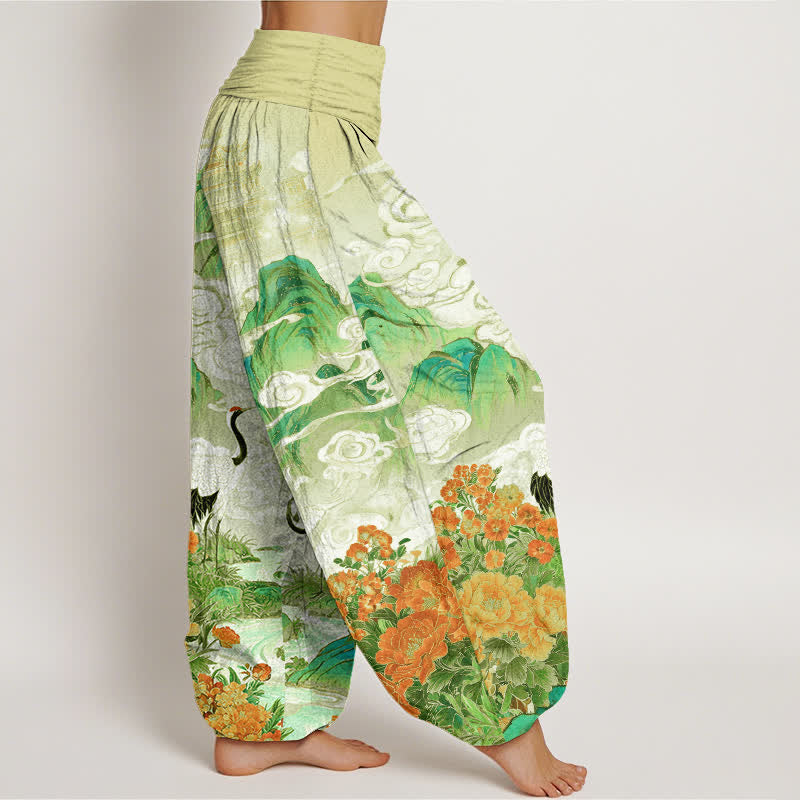 Buddha Stones Pantalones harem de mujer con cintura elástica y estampado floral de grulla de algodón. - image 7