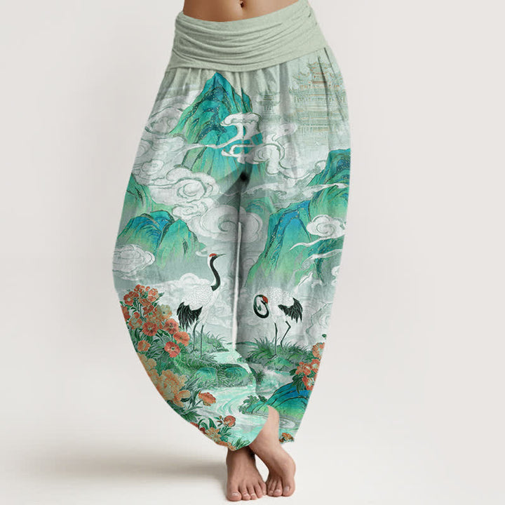 Buddha Stones Pantalones harem de mujer con cintura elástica y estampado floral de grulla de algodón. - Verde mar oscuro - US16，UK/AU20，EU48 (3XL) - image 8