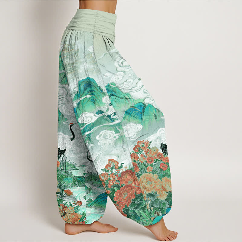 Buddha Stones Pantalones harem de mujer con cintura elástica y estampado floral de grulla de algodón. - image 10