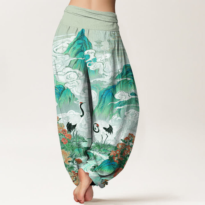 Buddha Stones Pantalones harem de mujer con cintura elástica y estampado floral de grulla de algodón. - image 9