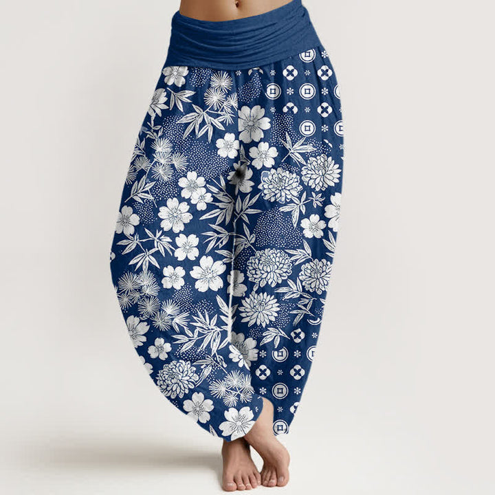 Buddha Stones Pantalones harem de algodón con estampado geométrico floral bohemio y monedas para mujer, cintura elástica. - Marina de guerra - US16，UK/AU20，EU48 (3XL) - image 0