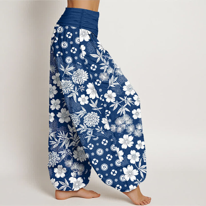 Buddha Stones Pantalones harem de algodón con estampado geométrico floral bohemio y monedas para mujer, cintura elástica. - image 2