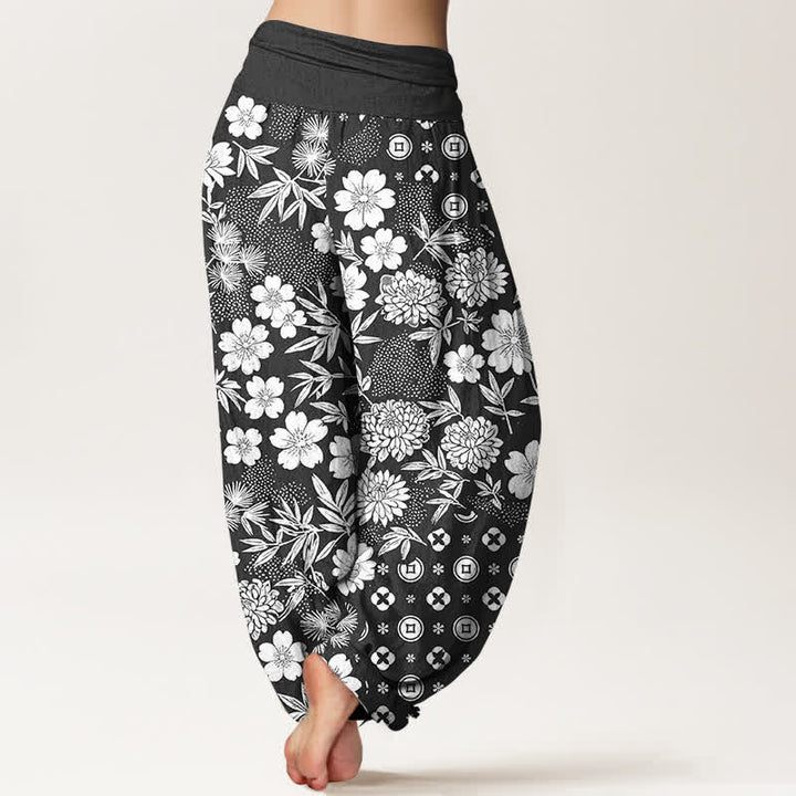 Buddha Stones Pantalones harem de algodón con estampado geométrico floral bohemio y monedas para mujer, cintura elástica. - image 6