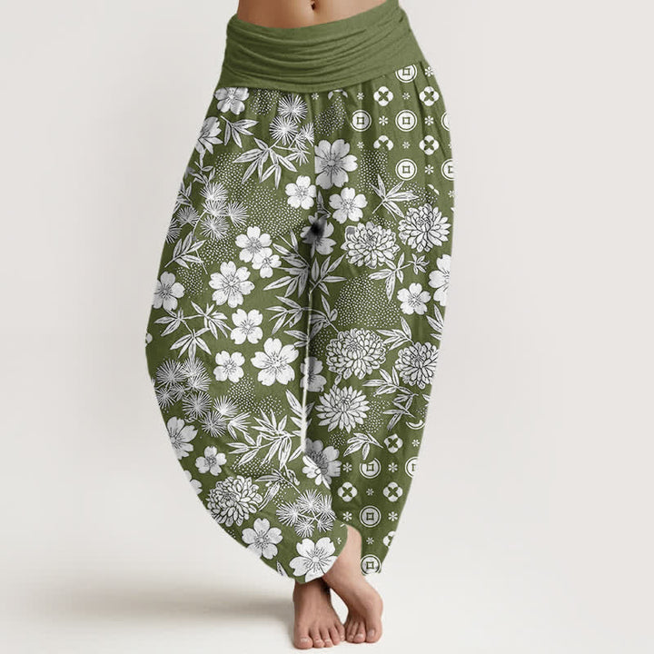 Buddha Stones Pantalones harem de algodón con estampado geométrico floral bohemio y monedas para mujer, cintura elástica. - Verde oliva oscuro - US16，UK/AU20，EU48 (3XL) - image 8