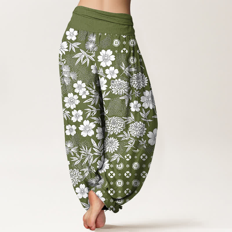 Buddha Stones Pantalones harem de algodón con estampado geométrico floral bohemio y monedas para mujer, cintura elástica. - image 9